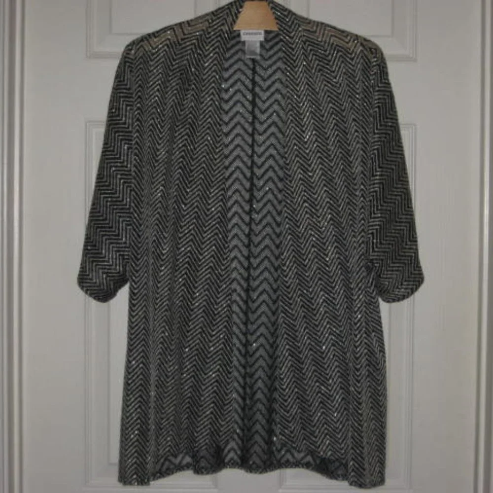Chicos Size 2 L Open Cardigan Ruana Wrap Sweater Black Gold Metallic Excellent - Picture 6 of 10